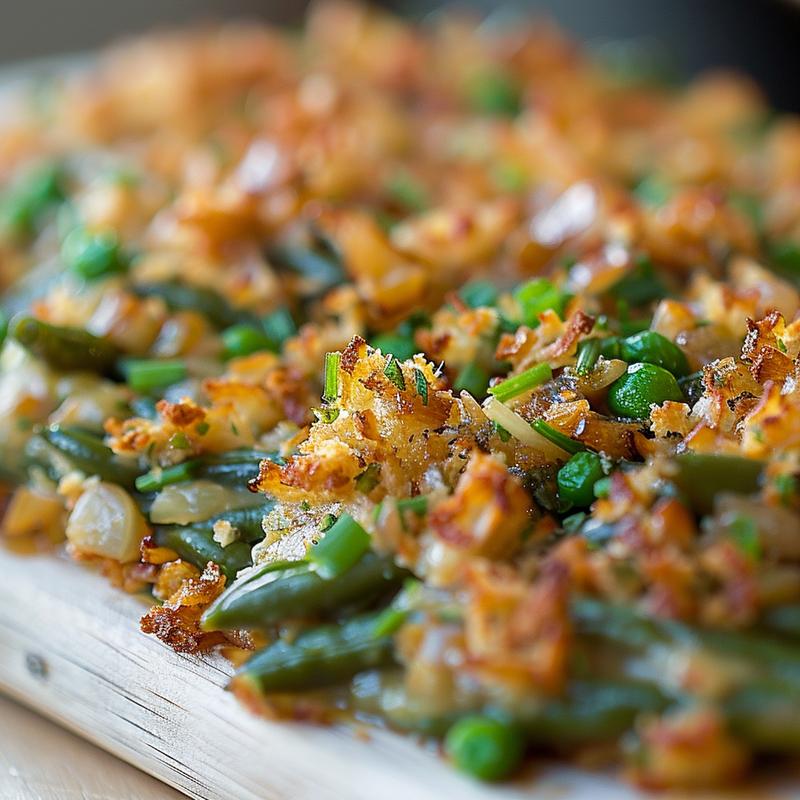 Close-up of a creamy homemade green bean casserole on a light wood board.