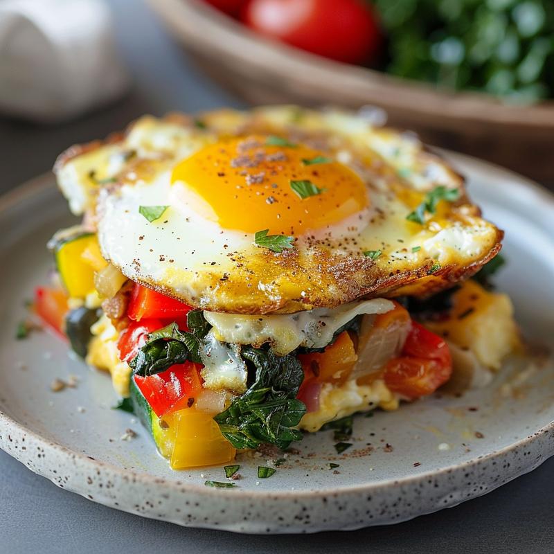 A close-up view of a slice of high protein veggie egg bake on a light grey ceramic plate.