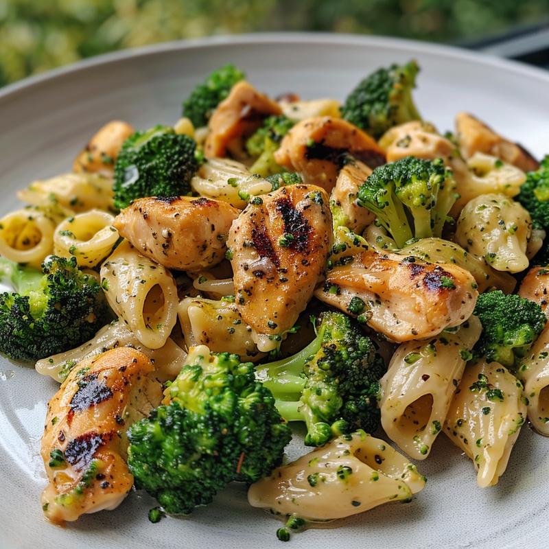 A close-up of a portion of healthy chicken and broccoli pasta bake on a light grey ceramic plate.