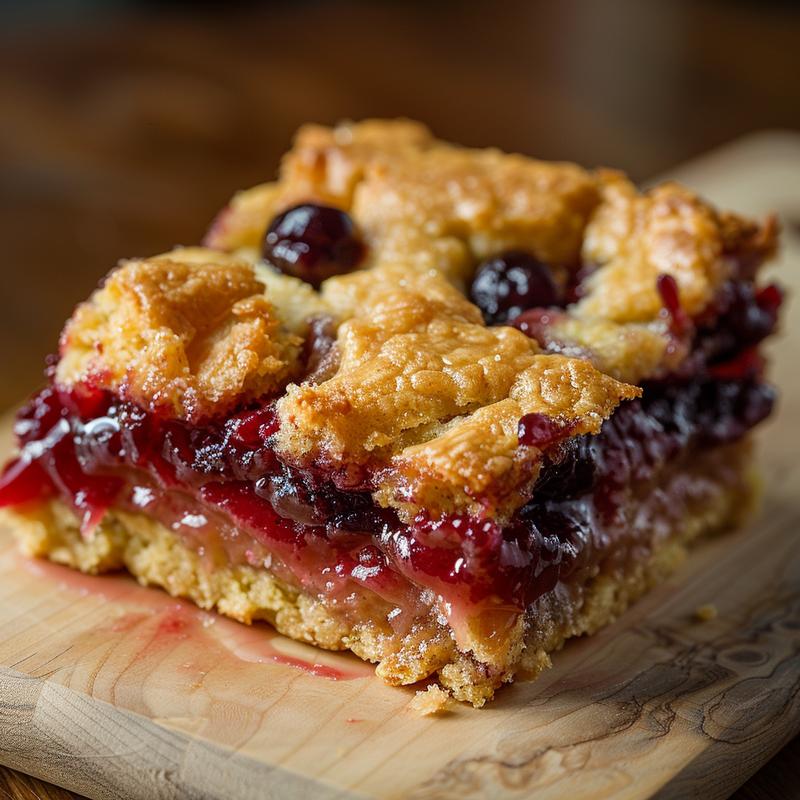Close-up of a warm slice of bisquick cobbler on a wooden board, showcasing its golden crust and juicy filling.