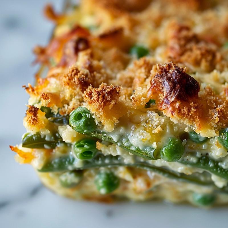 Close-up of a creamy green bean casserole on a white marble surface.