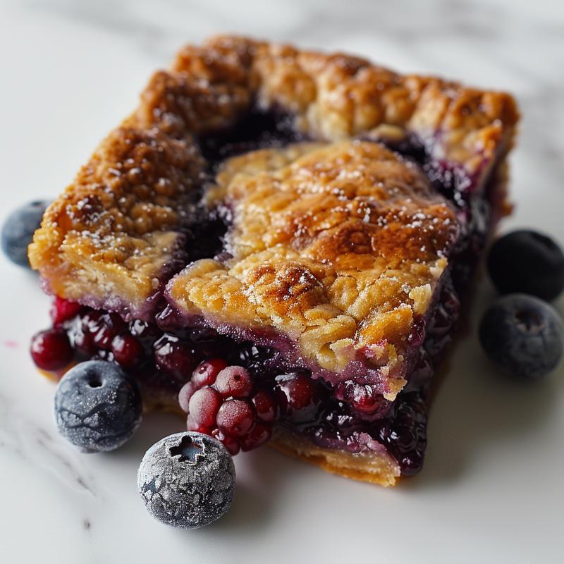 Close-up of a slice of blueberry cobbler with frozen berries on a marble surface.