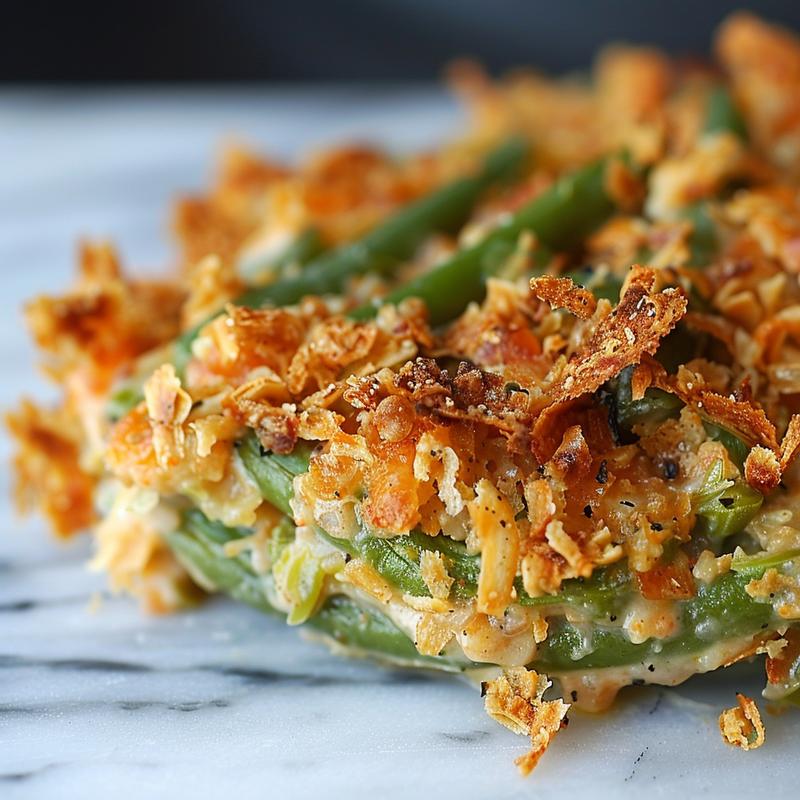 Close-up view of a creamy green bean casserole with a golden topping on a white marble surface.