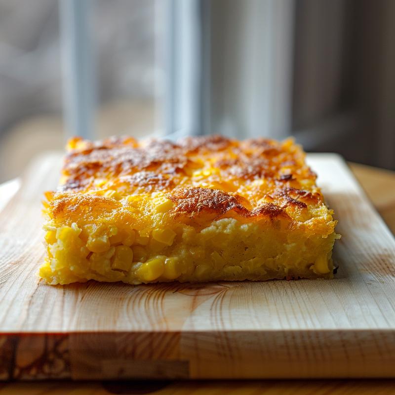 A close-up view of a delicious portion of jiffy corn casserole on a wooden board.