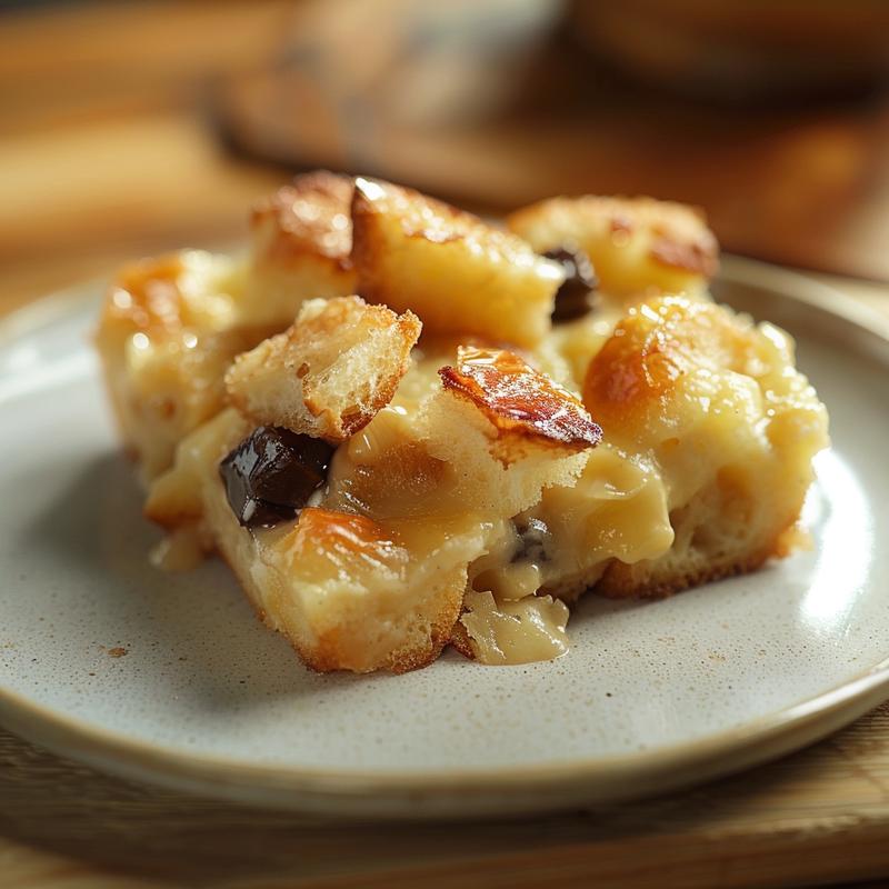 Close-up of a portion of bread pudding on a light grey plate, showcasing its texture and layers.