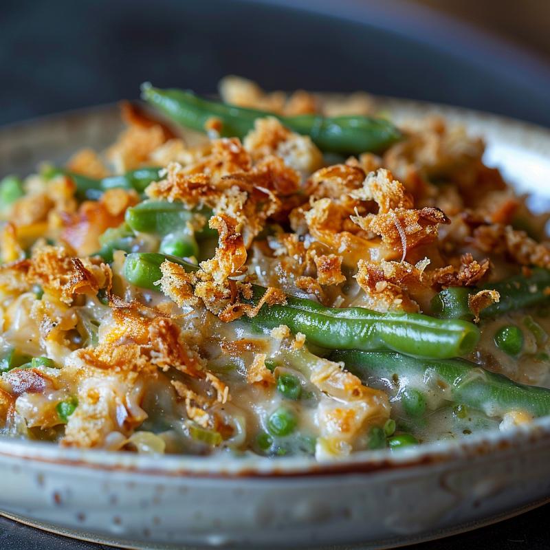 Close-up of a creamy tuna casserole served on a light grey ceramic plate with soft shadows.