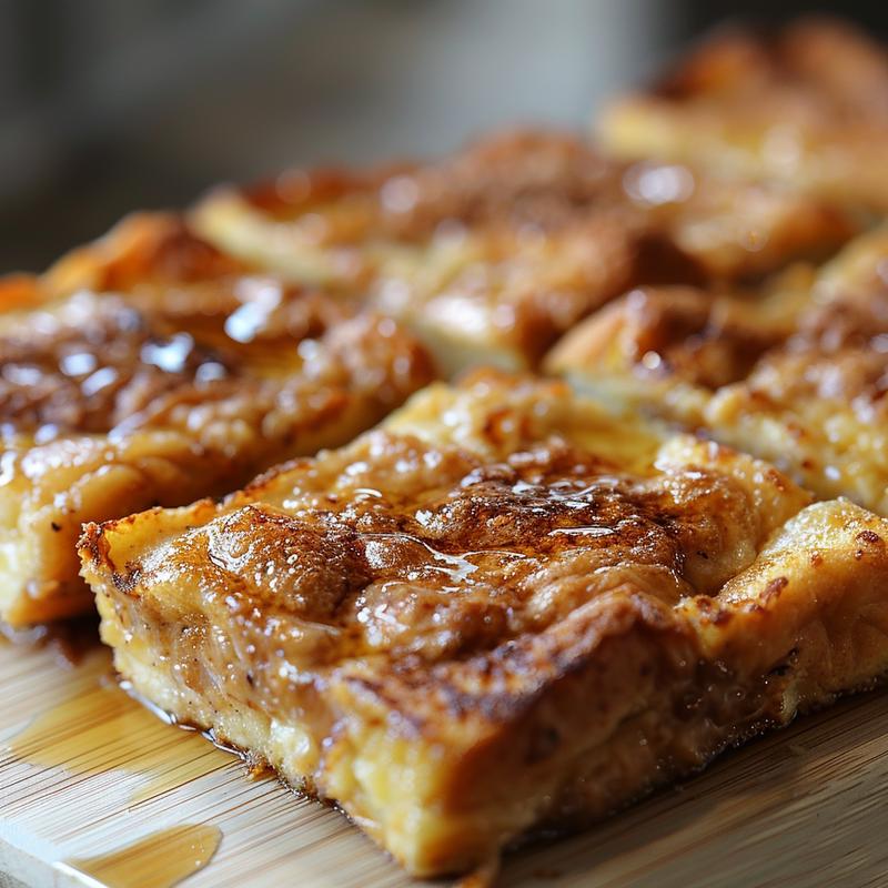 Close-up view of a baked French toast casserole on a wood board, showcasing its golden-brown texture.