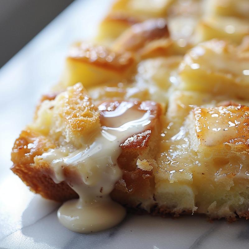 A close-up of a creamy portion of bread pudding topped with vanilla sauce on a white marble surface.