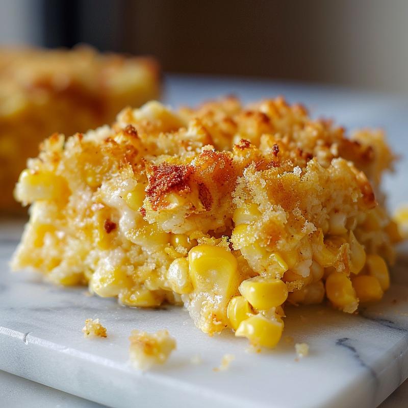 Close-up of a portion of corn casserole with a creamy texture and golden top on a marble surface.