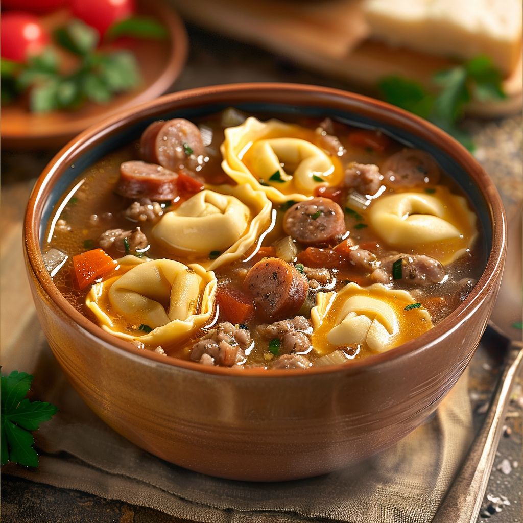 A bowl of Sausage Tortellini Soup with spinach, garnished with herbs.