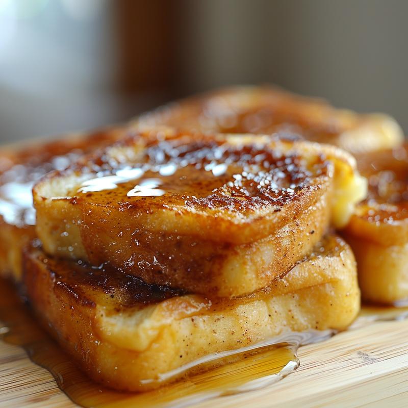 A close-up view of a slice of overnight French toast casserole with a golden-brown top, sitting on a light wood board.