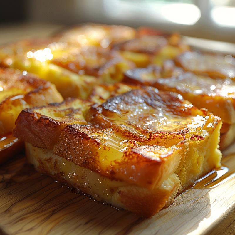 Close-up of a portion of French toast casserole on a wooden board.