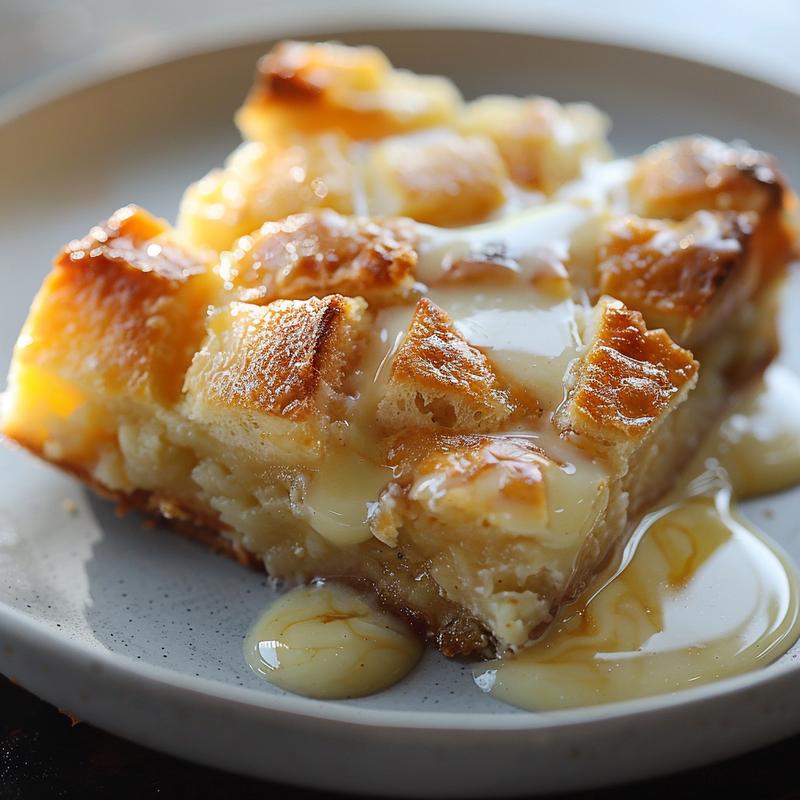 Close-up of a creamy bread pudding with vanilla sauce on a light grey plate.