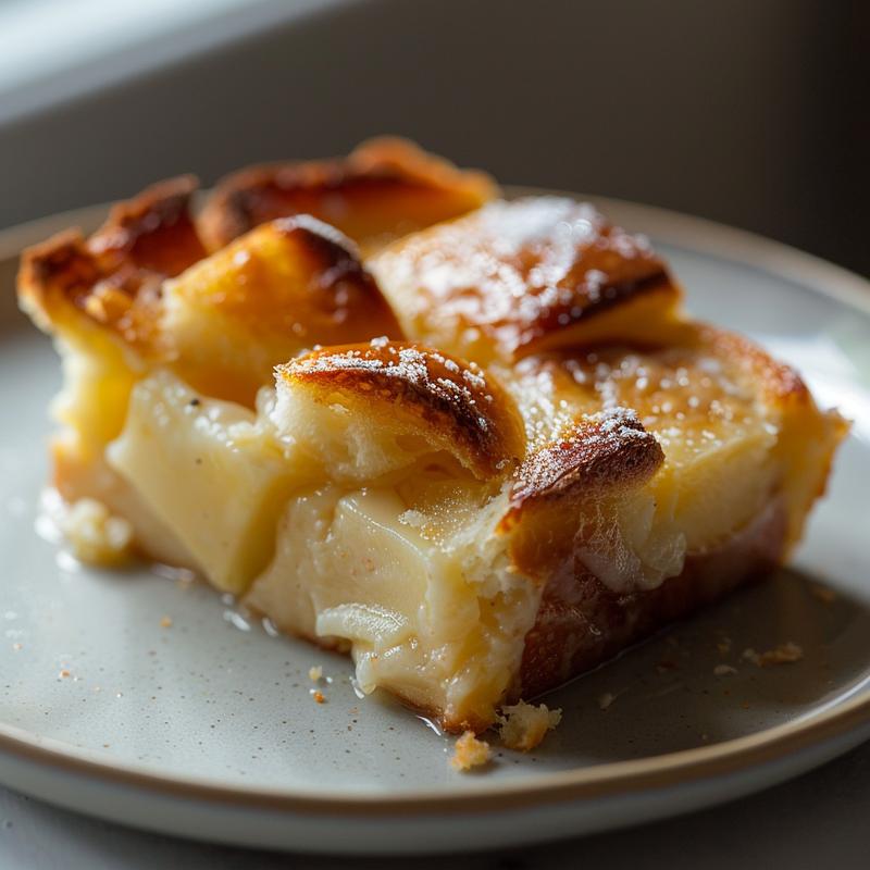 Close-up of a creamy corn casserole served on a light grey ceramic plate.