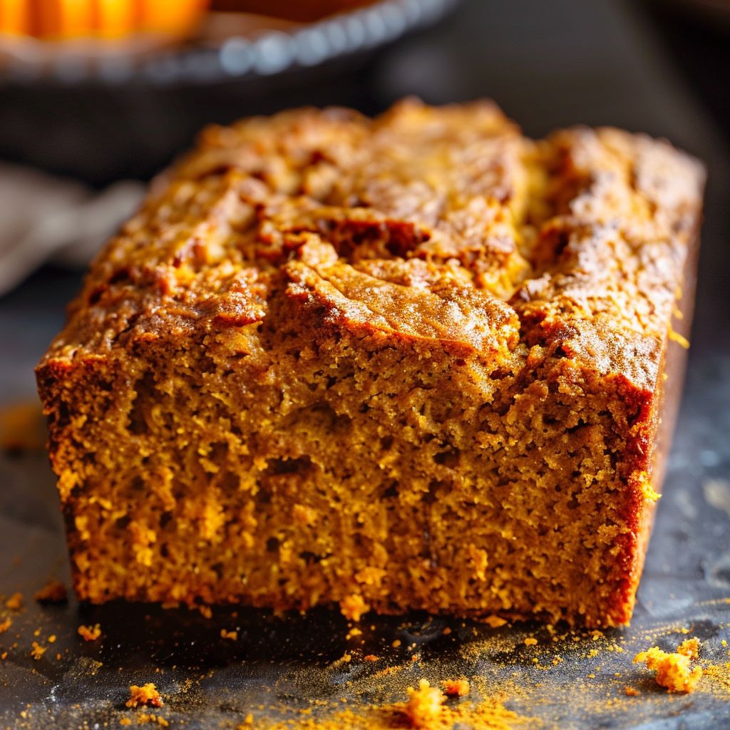 A freshly baked loaf of pumpkin bread with a soft texture, displayed on a wooden cutting board.