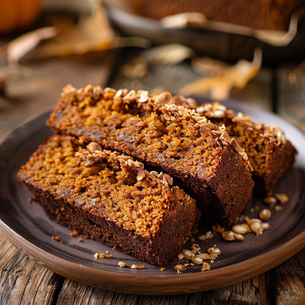 A freshly baked loaf of pumpkin bread cooling on a wooden cutting board, with slices cut revealing its moist texture.