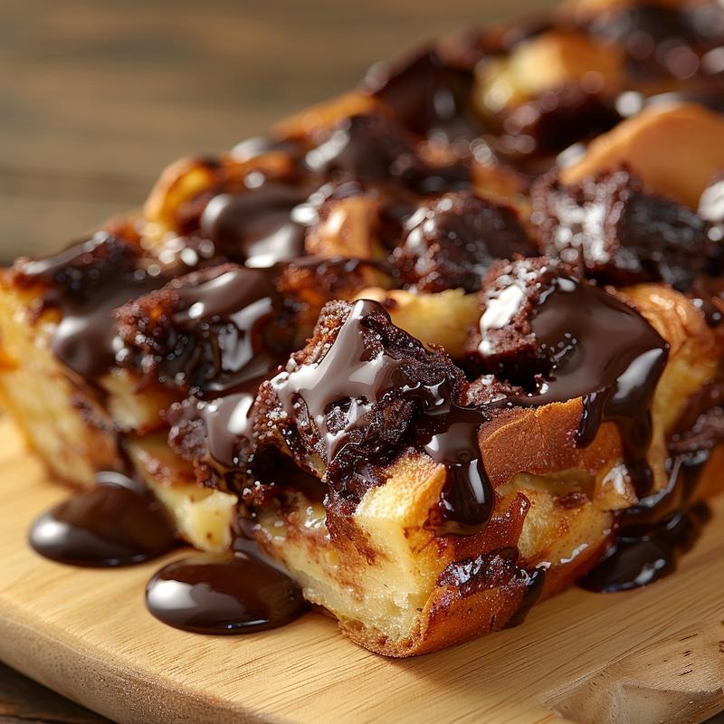 Close-up of a rich chocolate bread pudding on a light wood board.