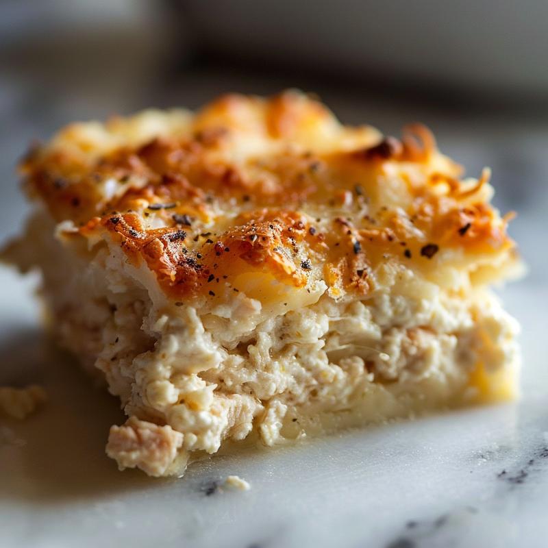Close-up of a creamy tuna and cottage cheese casserole on a white marble surface.
