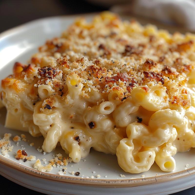 Close-up of creamy baked mac and cheese on a light grey ceramic plate, showcasing rich cheese texture.
