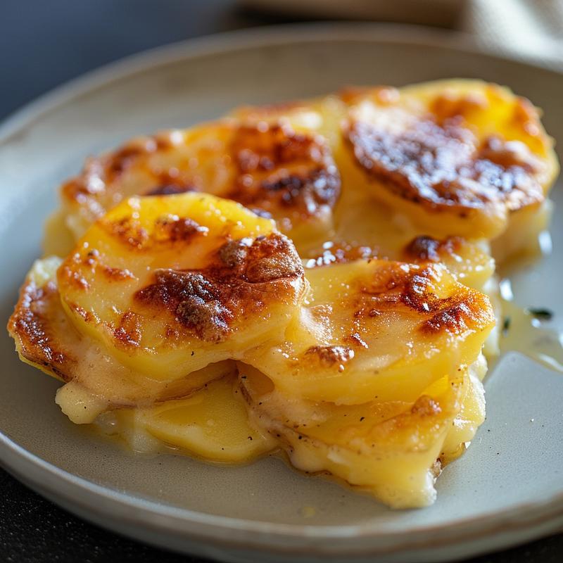 Close-up of scalloped potatoes with a creamy texture on a light grey plate.