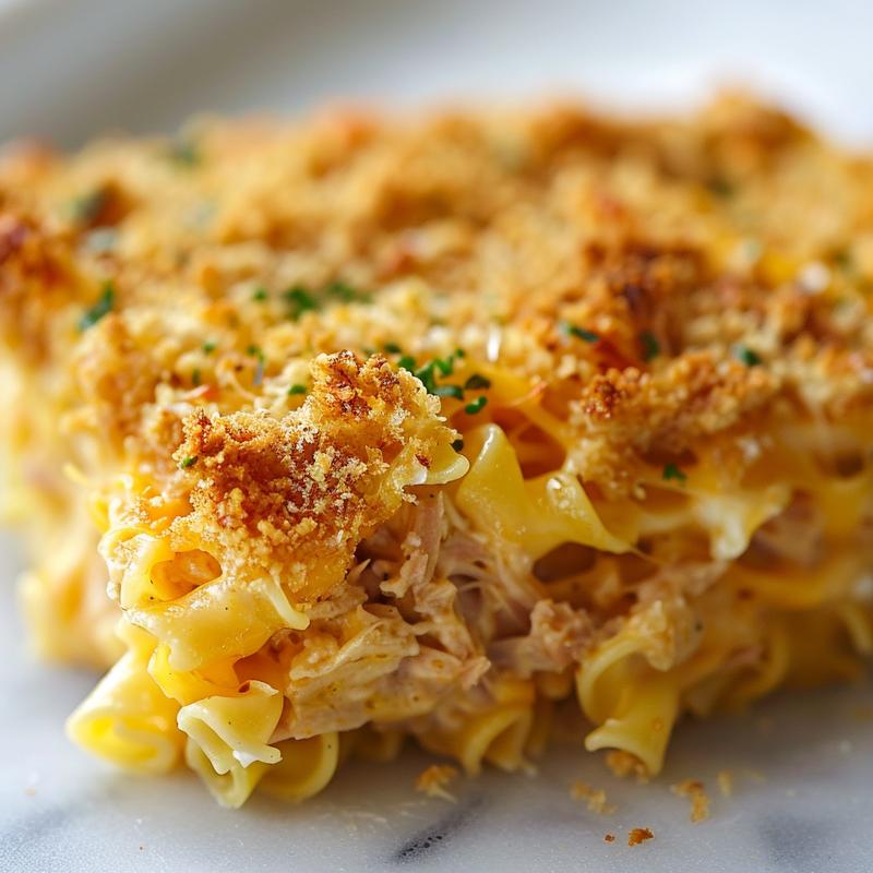 Close-up view of a delicious serving of hash brown egg casserole on a white marble surface.