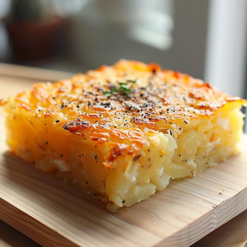 Close-up of a golden hashbrown casserole with a crispy top, set on a light wood board.