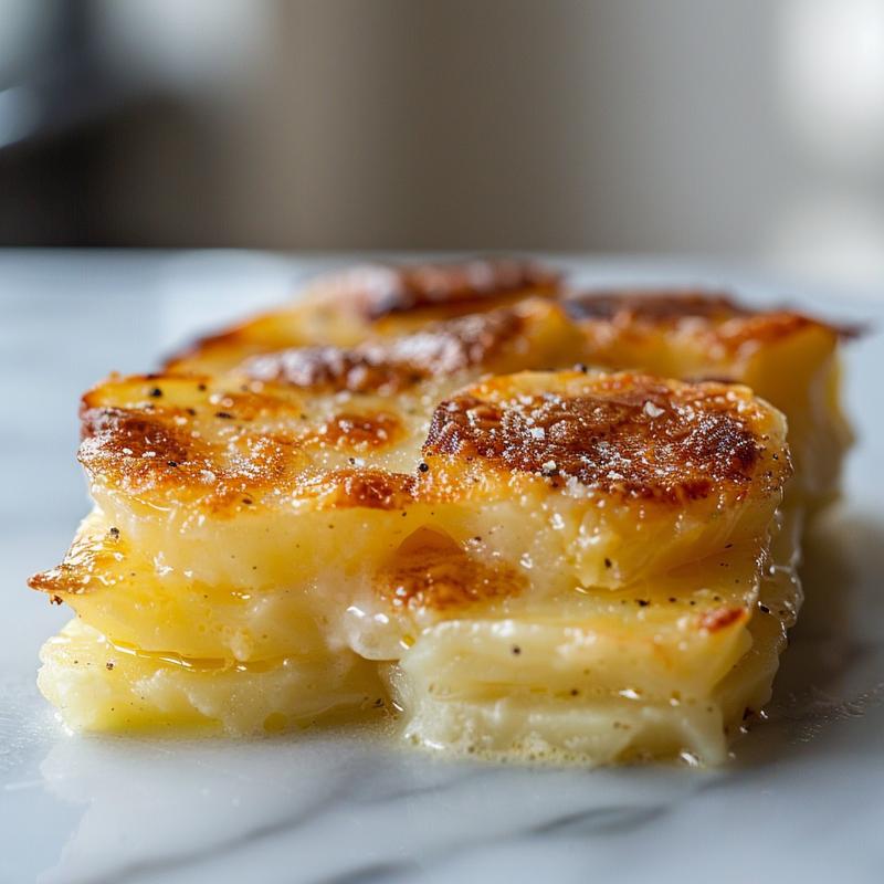 Close-up view of creamy scalloped potatoes on a white marble surface.