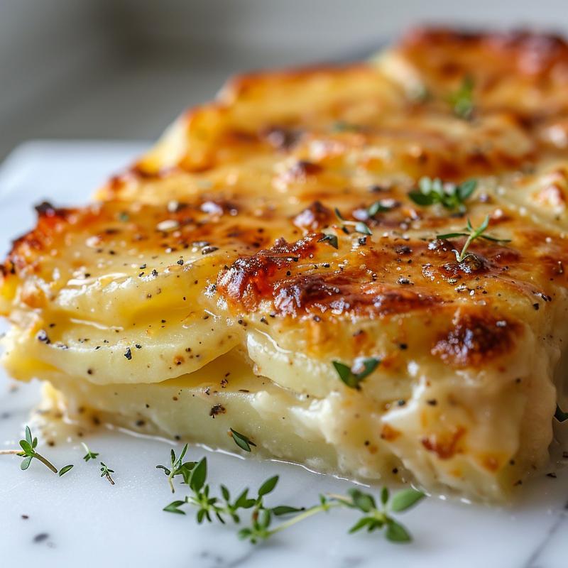 Close-up of creamy scalloped potatoes in a white bowl on a marble surface.