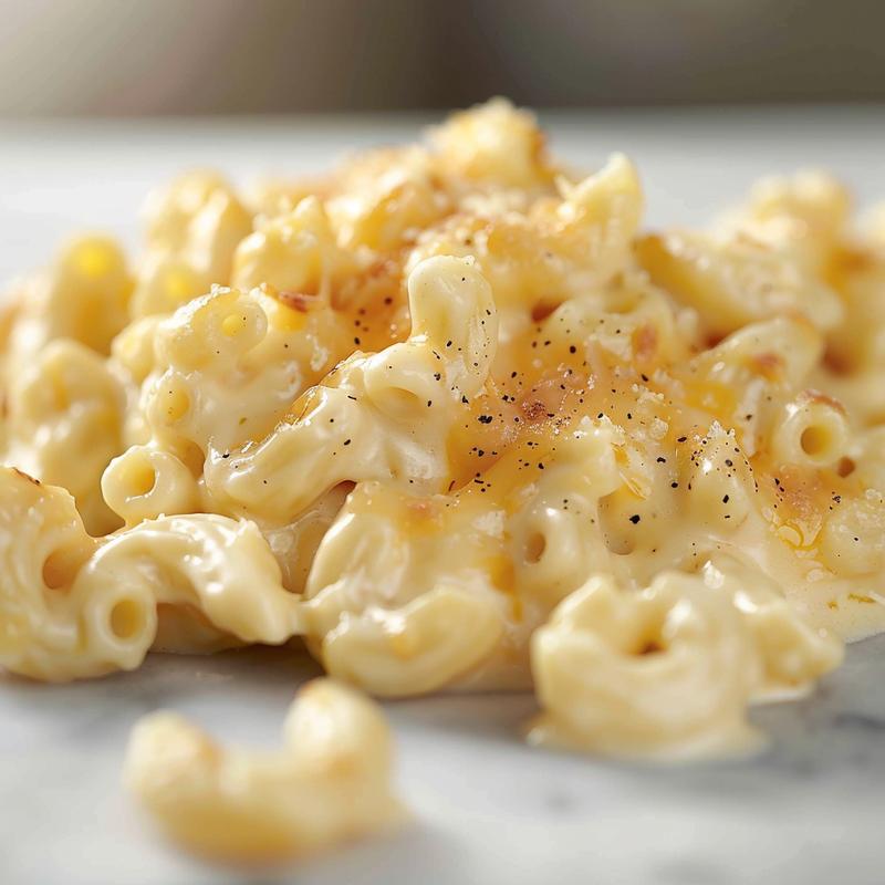 Close-up of creamy mac and cheese with a vibrant, cheesy texture on a white marble surface.