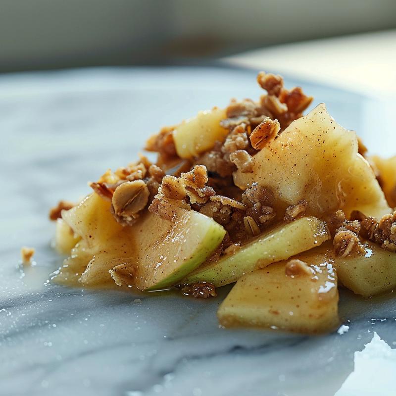 Close-up of apple crisp topping on a white marble surface, highlighting its texture and color.