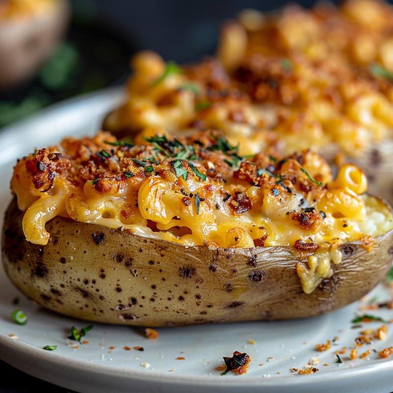 Close-up of a baked potato stuffed with creamy mac and cheese on a light grey ceramic plate.
