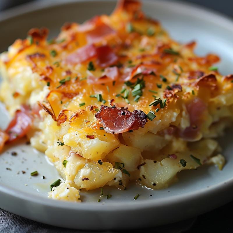 Close-up of a serving of crockpot breakfast casserole on a light grey plate.