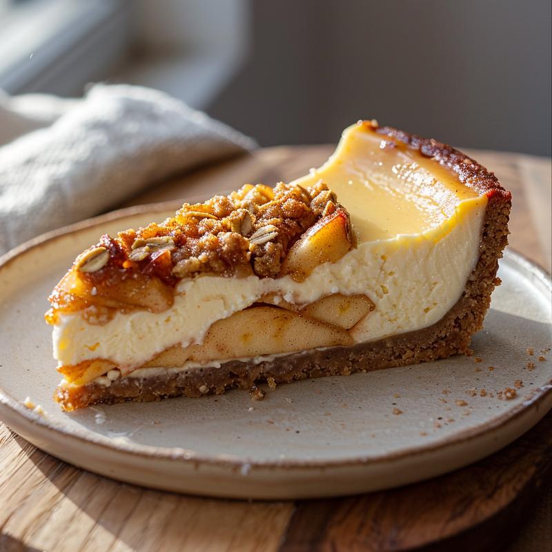 Close-up of a slice of apple crisp cake on a light wood board, showcasing its texture and layers.