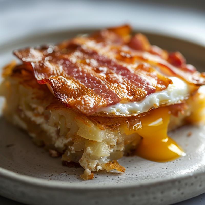 Close-up of a delicious bacon, egg, and hashbrown casserole on a light grey ceramic plate.