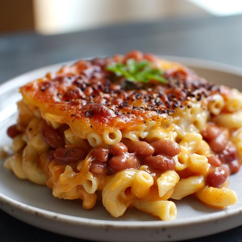 Close-up of creamy mac and cheese topped with baked beans on a light grey plate.
