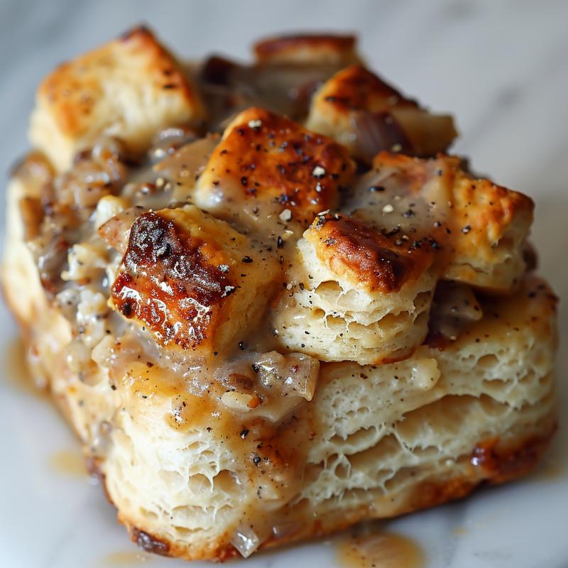 A close-up view of a delicious, creamy biscuits and gravy hashbrown breakfast casserole on a white marble surface.