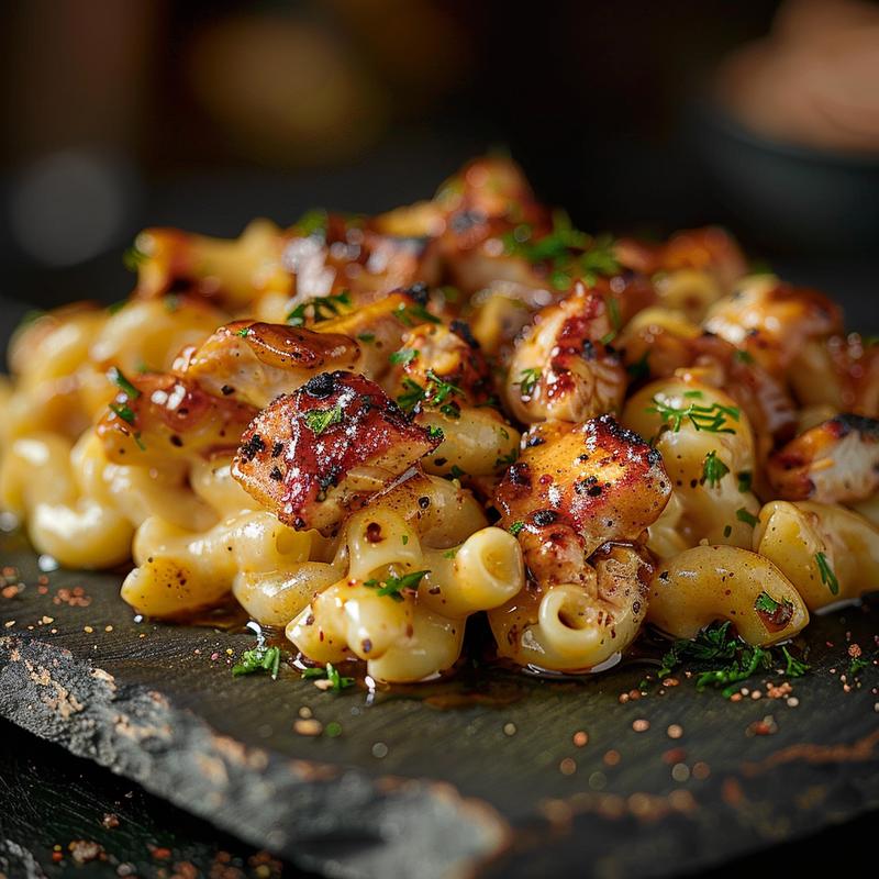 Close-up of honey BBQ chicken mac and cheese on a rustic plate with deep shadows.