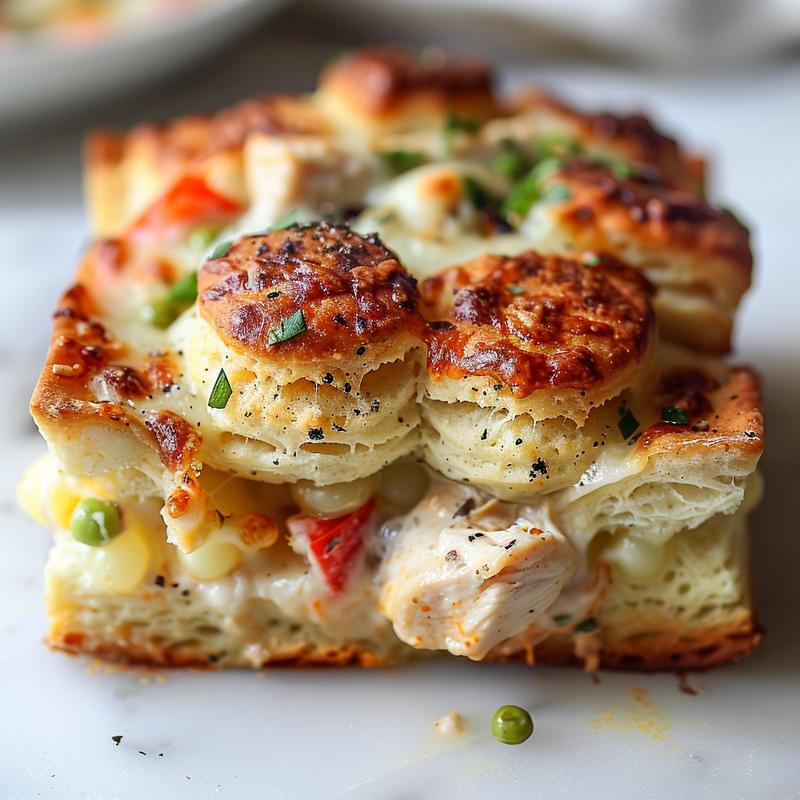 A close-up view of a baked chicken casserole with biscuit toppings on a white marble surface.