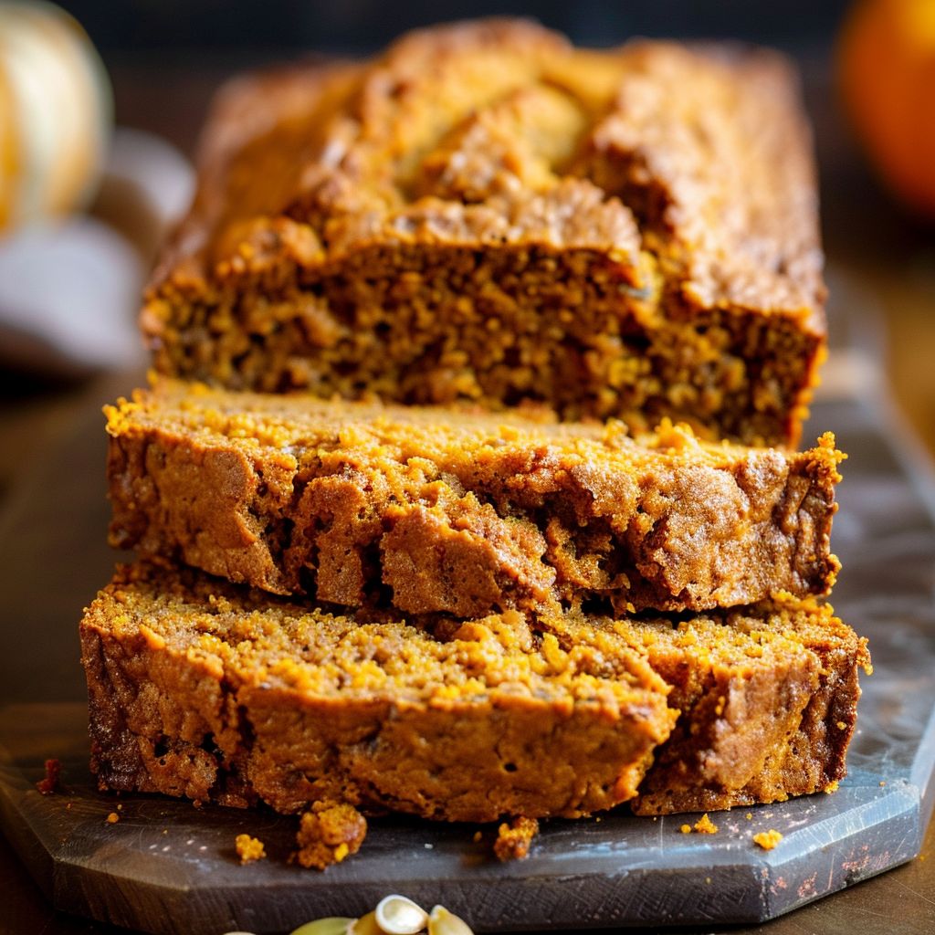 A slice of moist pumpkin bread on a wooden cutting board with a sprinkle of pumpkin seeds on top.