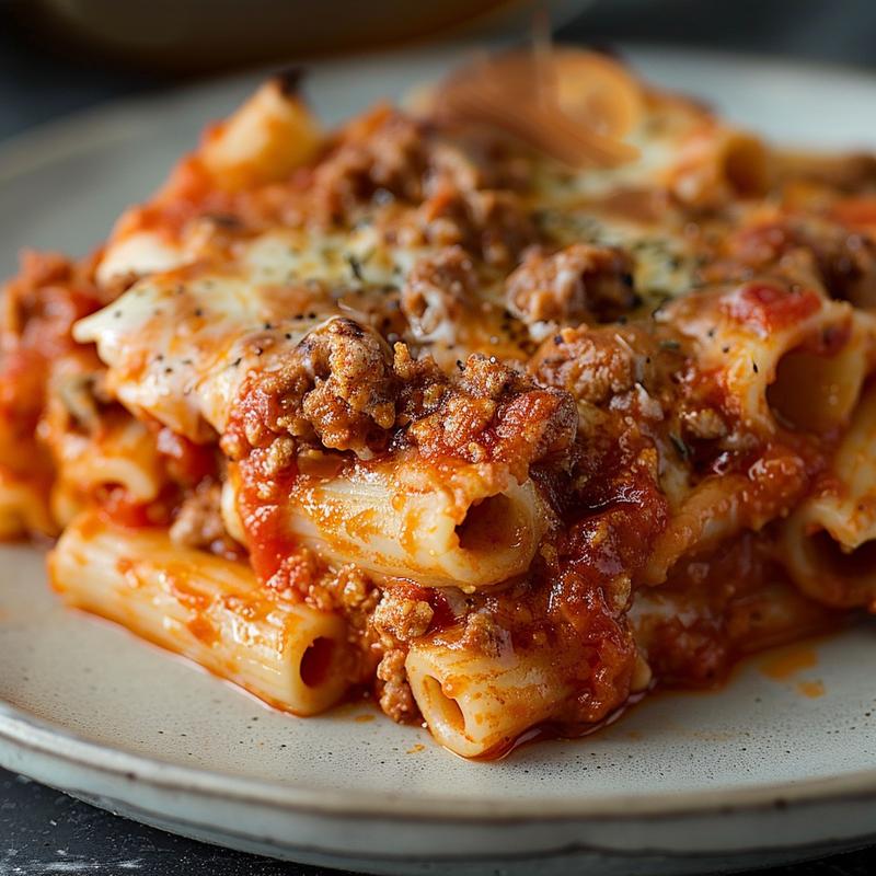 Close-up of a portion of cheesy baked ziti topped with meaty marinara sauce on a grey ceramic plate.