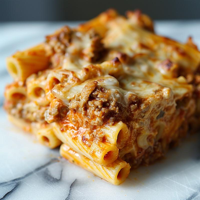 Close-up of a creamy cheesy baked ziti on a marble surface.