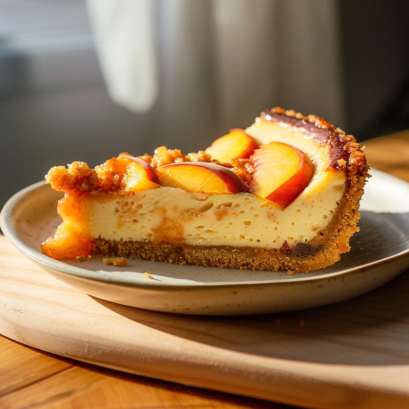 Close-up of a slice of peach cobbler cheesecake on a wooden board, showcasing its creamy texture and golden peach topping.