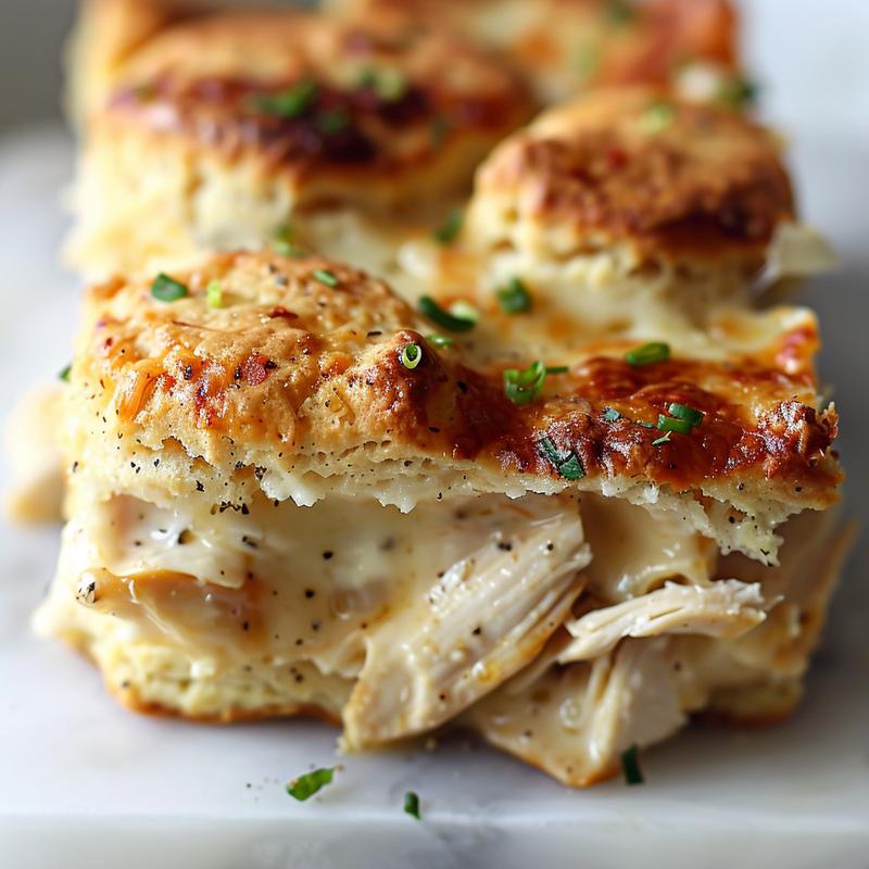 Close-up of a creamy chicken & biscuits casserole on a marble surface.