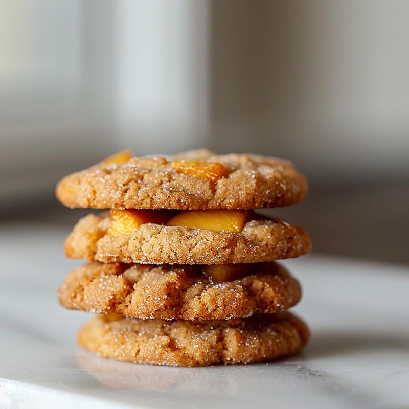 A close-up view of three peach cobbler cookies stacked on a white marble surface.
