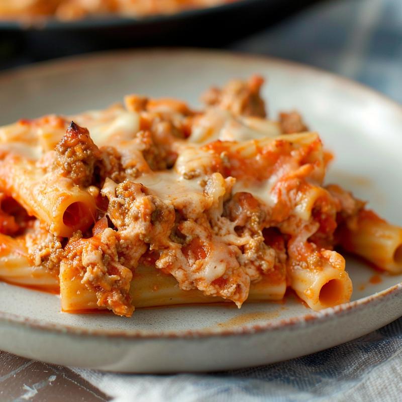 Close-up of a creamy meatless baked ziti on a light grey plate.