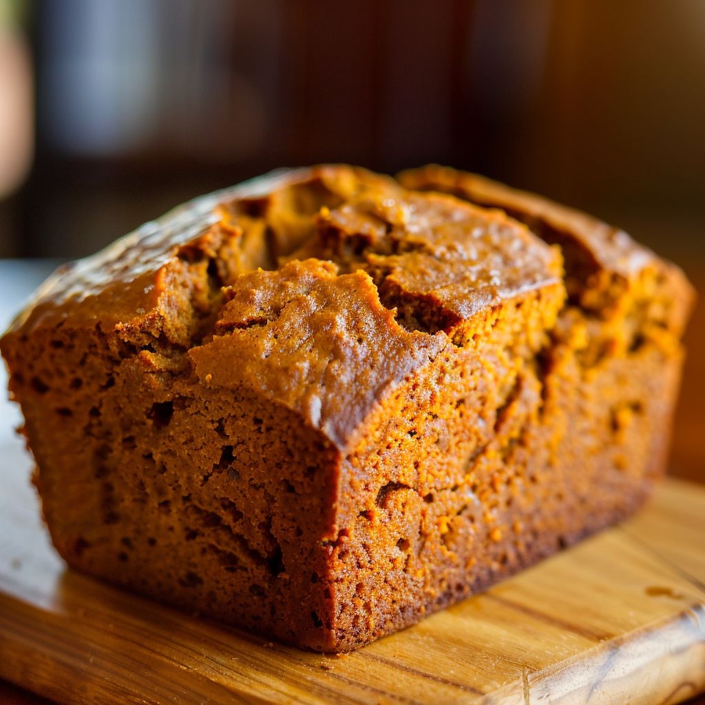 A slice of moist pumpkin bread topped with a brown sugar pecan mixture on a rustic wooden surface.