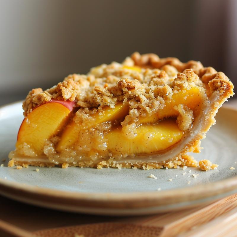 A close-up slice of peach crumble pie with a golden buttery topping on a light wood board.