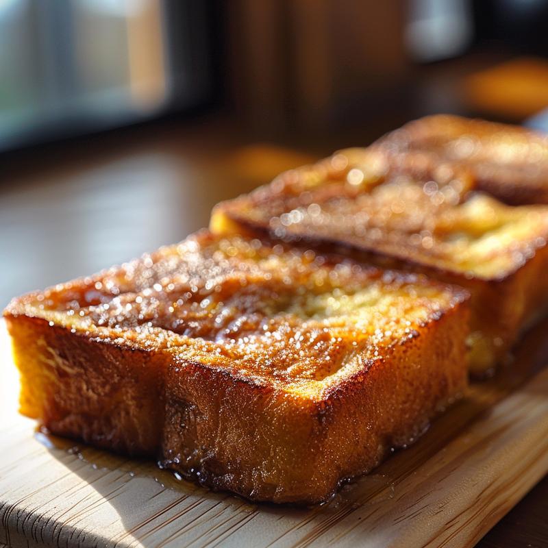 A close-up view of a slice of baked French toast topped with a dusting of powdered sugar.