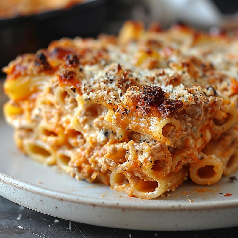 Close-up of baked spaghetti on a light grey ceramic plate, showcasing texture and colors.