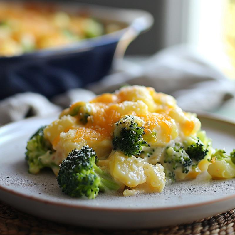 Close-up of a cheesy broccoli casserole on a light grey plate, showcasing creamy texture and vibrant green broccoli.